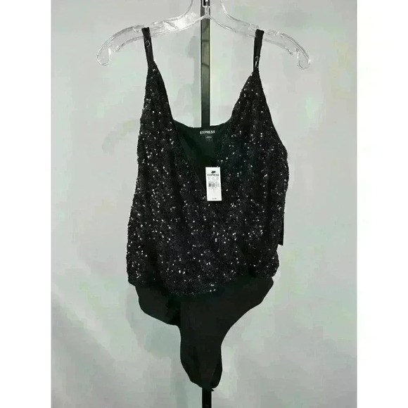 Express Women's Faux Wrap Sequin Cami Thong Bodysuit Size L Black NWT‎ SOLD OUT! - Picture 1 of 8